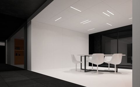 Carosserie VR. witte vergaderruimte in zwart gangpad.