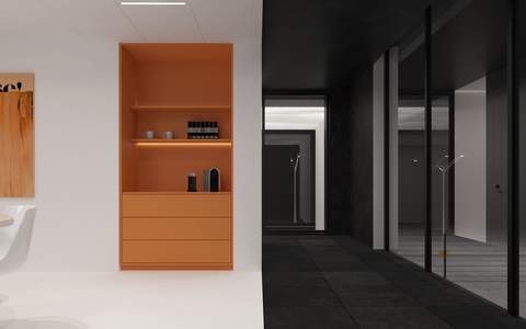 Carosserie VR. witte vergaderruimte met koffiehoek.
